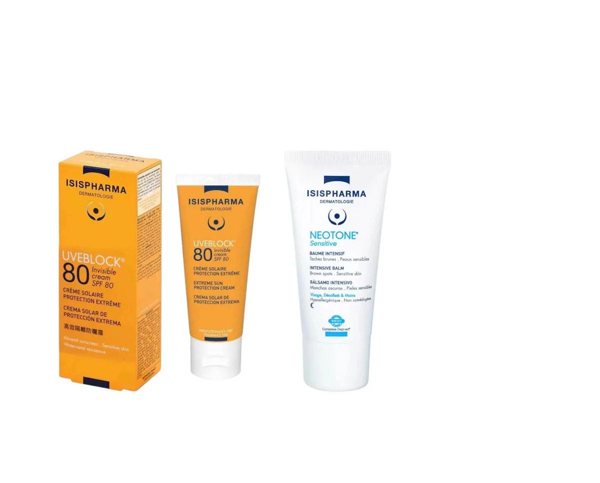 ISISPHARMA PACK UVEBLOCK SPF80 SOLAIRE TEINTEE 30ML + NEOTONE SENSITIVE BAUME INTENSIF 30ML