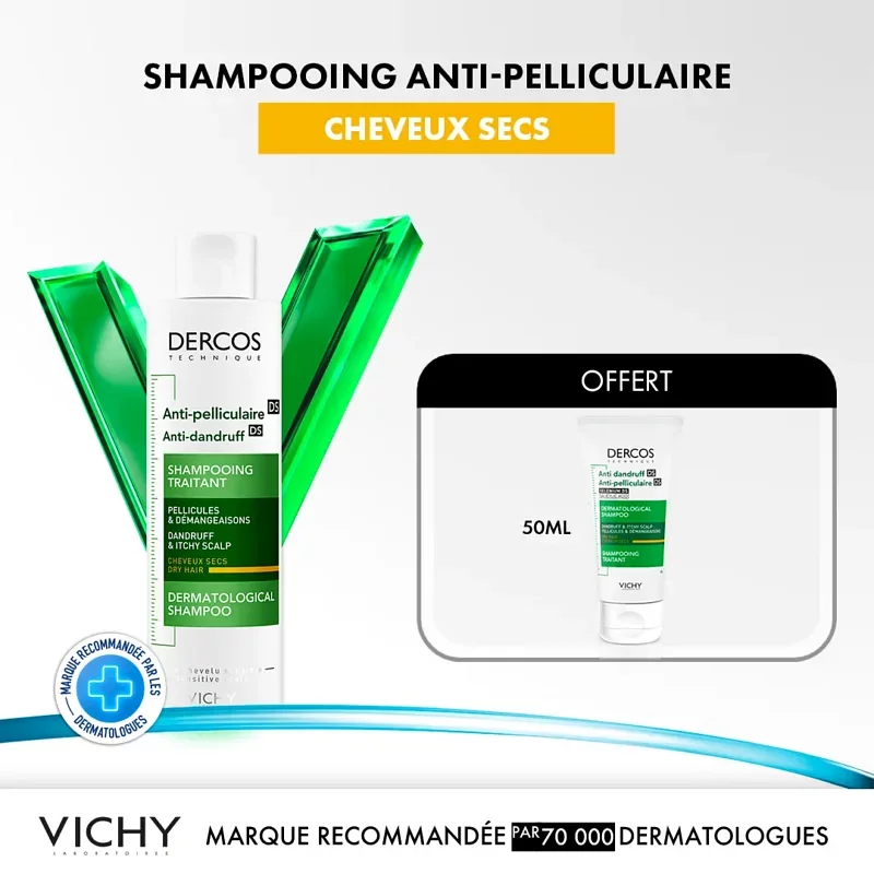 VICHY DERCOS SHAMPOOING ANTI-PELLICULAIRE DS CHEVEUX SECS + SHAMPOOING FORMAT VOYAGE OFFERT 50ML