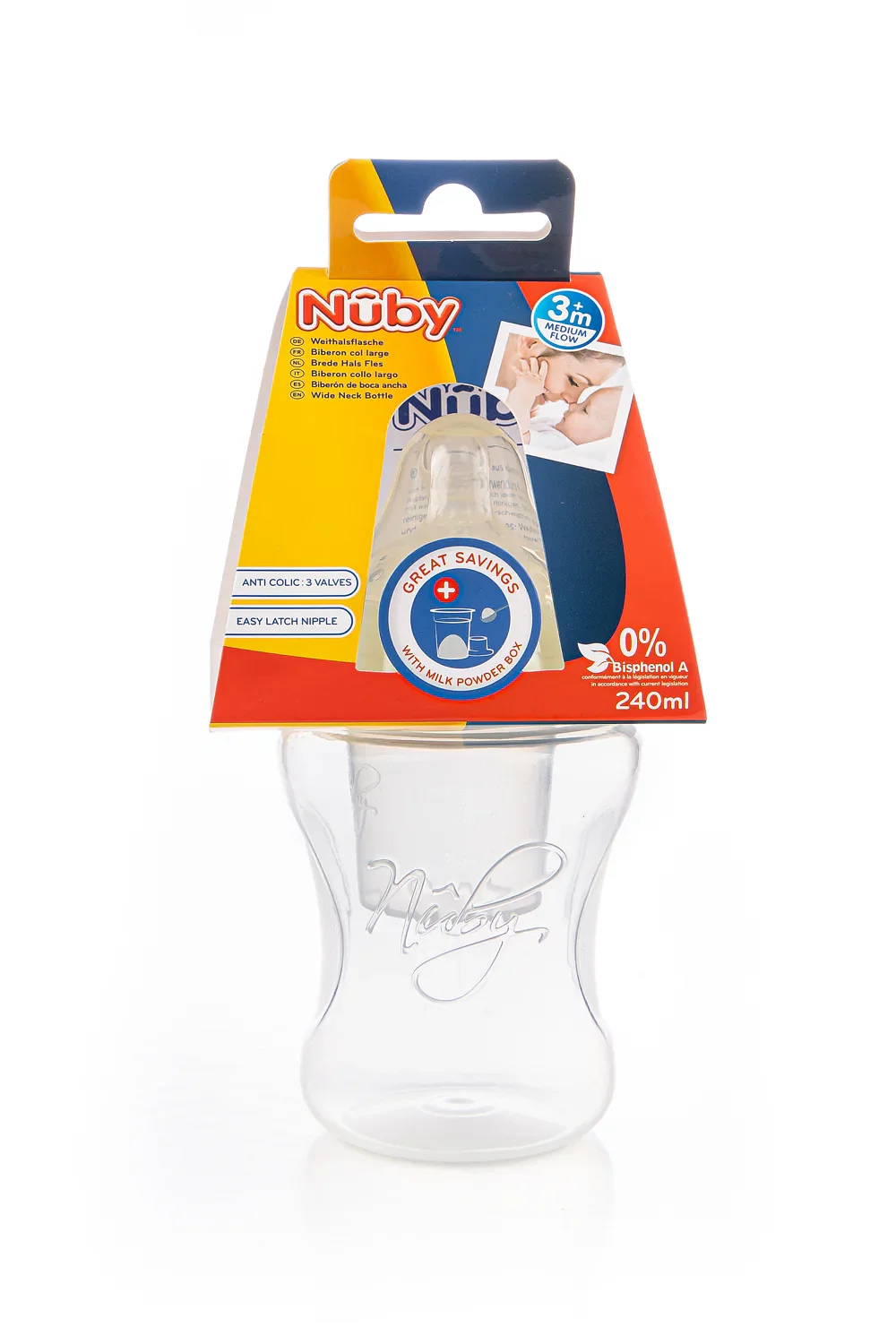 Nuby Biberon Col Large Blanc En Pp Avec Tetine Anti-colique Et Doseur De Lait En Poudre +3mois 240ml Ref 20-id67028