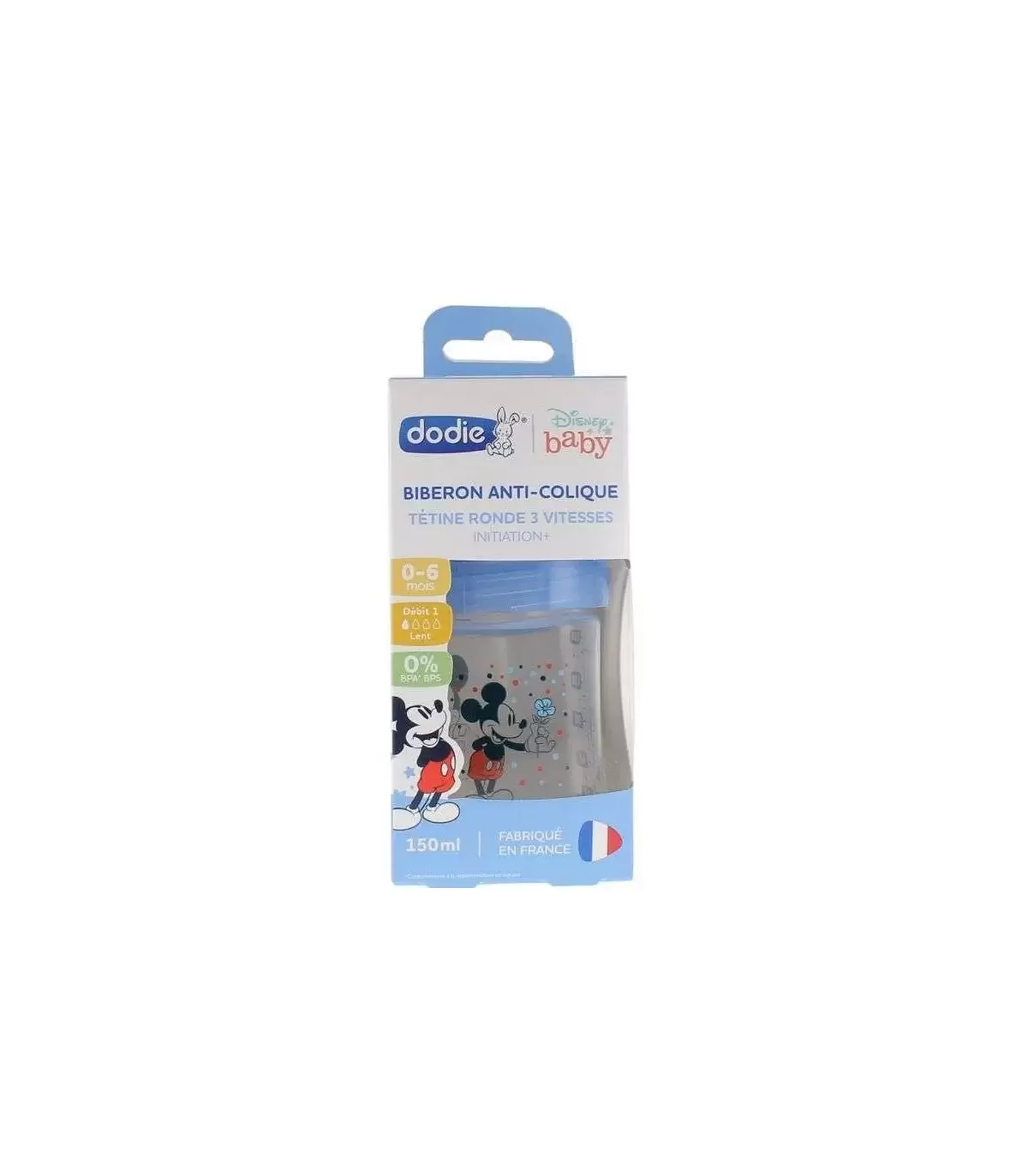 Dodie Biberon Initiation 150ml Mickey Bleu 0-6mois Tetine Ronde D3