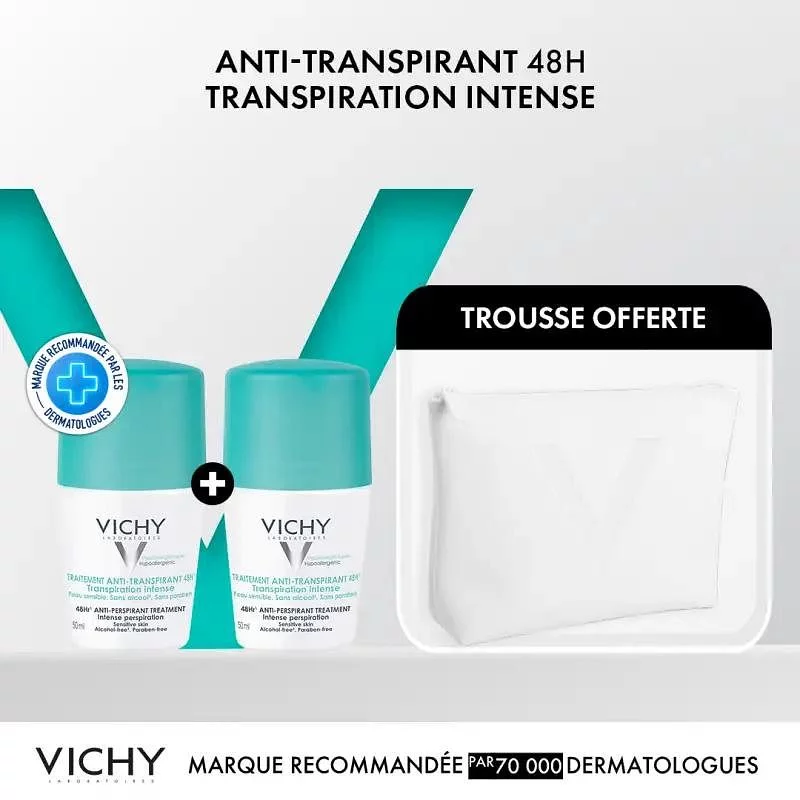 VICHY DEODORANT ANTI-TRANSPIRANT 48H ANTI TRACES BLANCHES ET JAUNES ROLL-ON 50ML BOITE DE 2