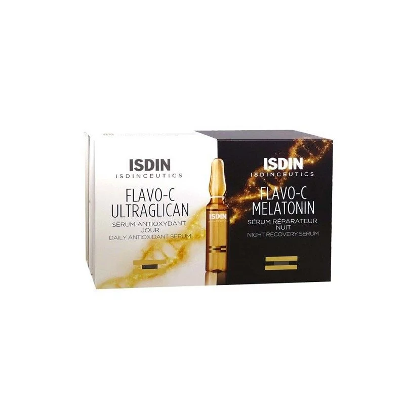 ISDIN FLAVO C ULTRAGLICAN SERUM ANTIOXYDANT JOUR 10 AMPOULES + FLAVO C MELATONON SERUM REPARATEUR NUIT 10 AMPOULES