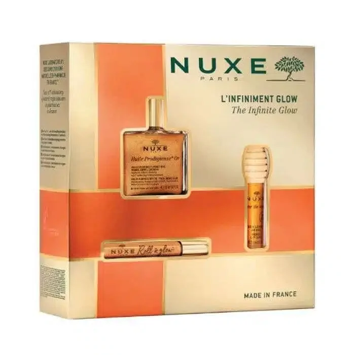 NUXE COFFRET HUILE PRODIGIEUX OR 50ML + REVE DE MIEL 10ML + ROLL AND GLOW 10ML