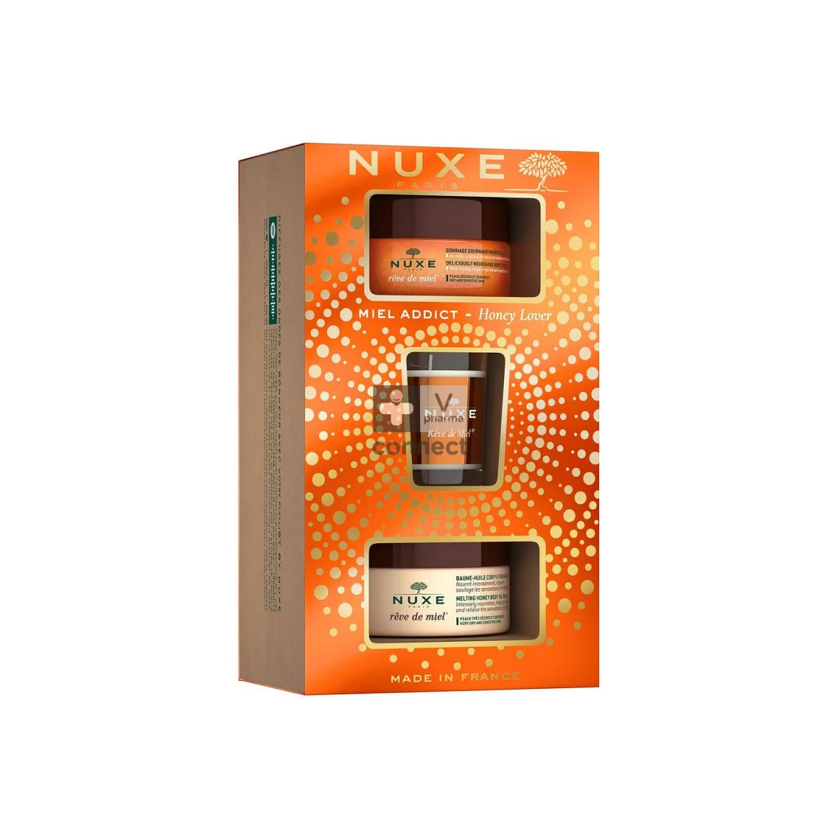 NUXE REVE DE MIEL COFFRET NOEL 2022 GOMMAGE 175ML + BAUME-HUILE 200ML + BOUGIE PRODIGIEUX 70G