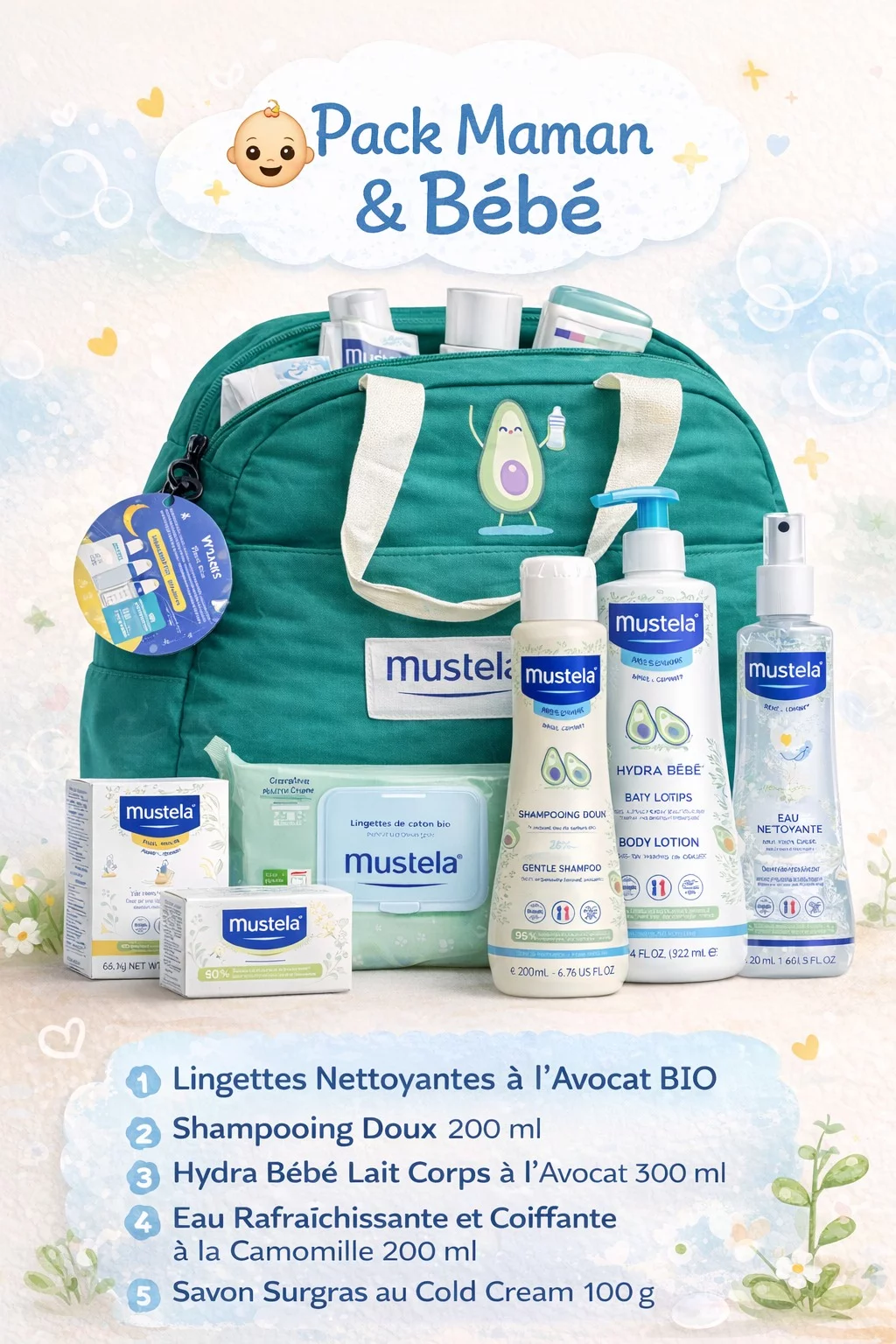 MUSTELA SAC A LANGER 0422 EAU RAFRAICHISSANTE 200ML + CREME CHANGE 100ML + LINGETTES B60 + SHAMPOOING BEBE 200ML + SAVON 100G